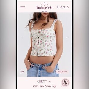 Linen-Blend Floral Corset Tank Top - White with Pink Roses